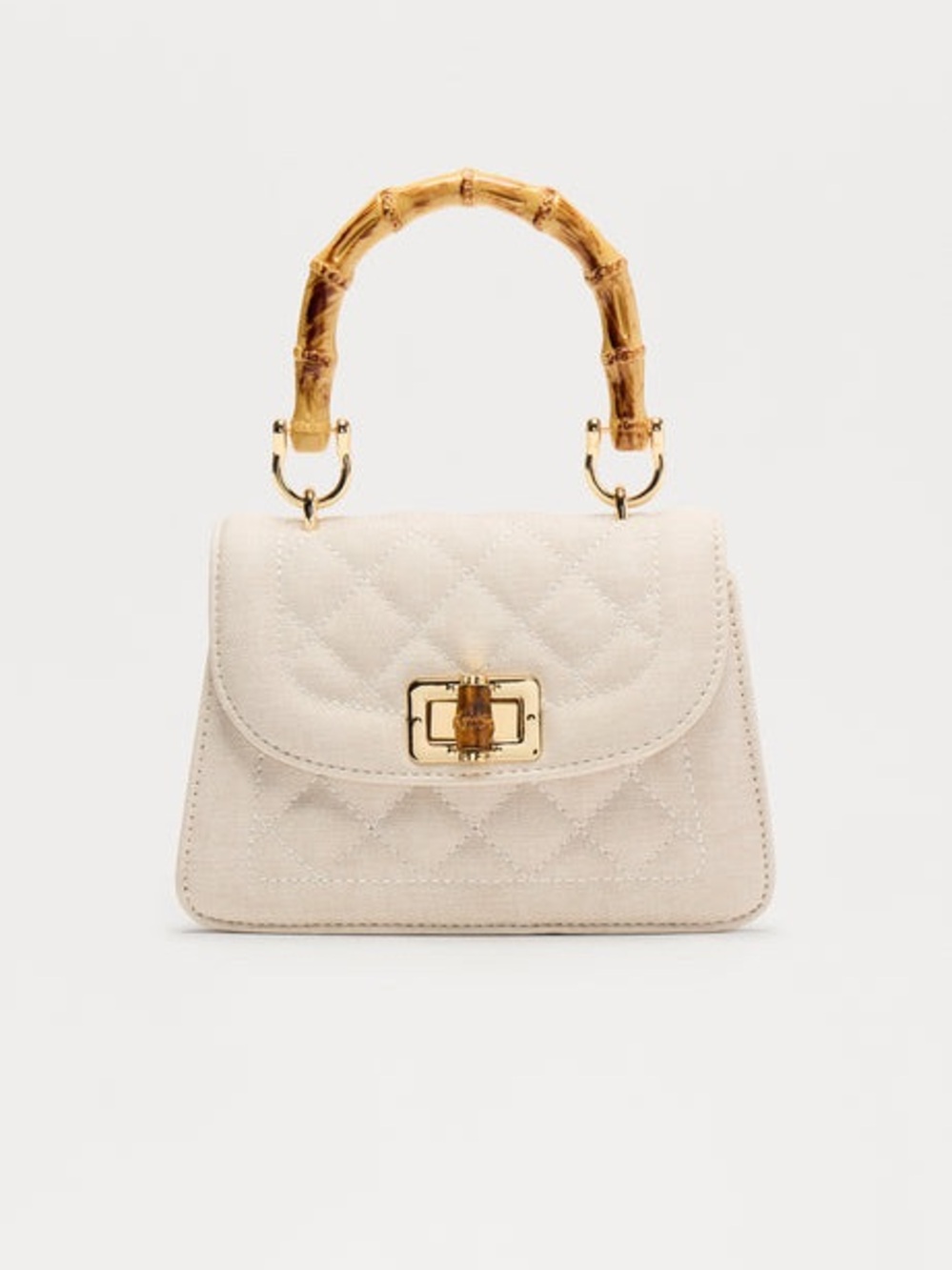 Fashion Nova Cream Quilted Top-Handle Satchel with Bamboo Handle